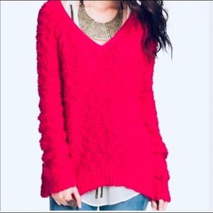 FREE PEOPLE SING-BIRD V NECK HOT PINK SWEATER